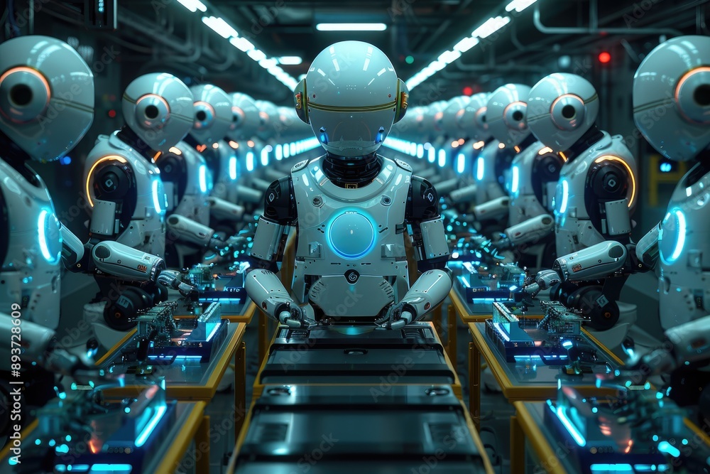 A row of futuristic robots working on an assembly line in a high-tech factory, representing automation in the industrial sector. A row of futuristic robots working on an assembly line in a high-tech factory, representing automation in the industrial sector.