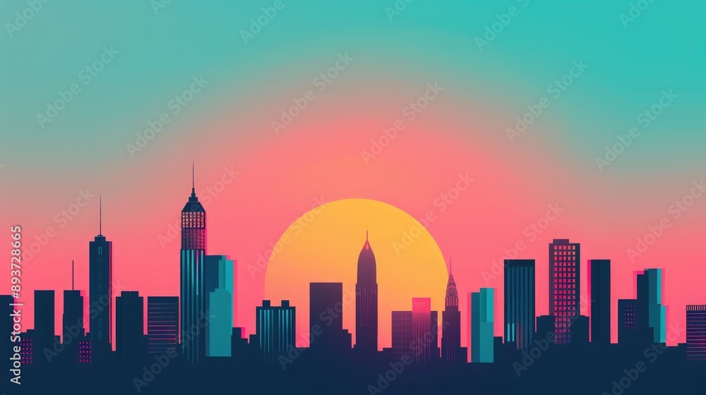 Naklejka premium Vibrant minimalist city skyline silhouette at sunset with colorful sky gradients. Modern cityscape illustration with urban skyscrapers.