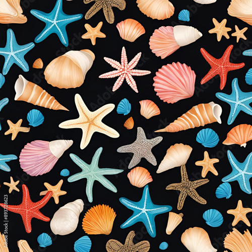 Seamless pattern of tinyseashells and starfishin striking colors with black background