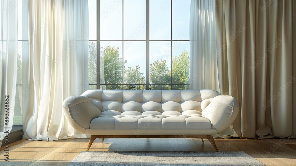 A Luxurious White Sofa Basking in Sunlight Through Sheer Curtains A Luxurious White Sofa Basking in Sunlight Through Sheer Curtains