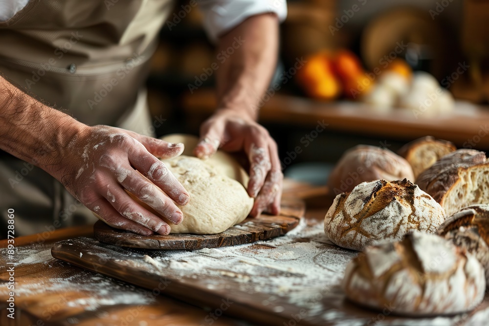 A baker kneading fresh dough on a rustic wooden table, surrounded by artisan loaves and a sprinkle of flour. A baker kneading fresh dough on a rustic wooden table, surrounded by artisan loaves and a sprinkle of flour.