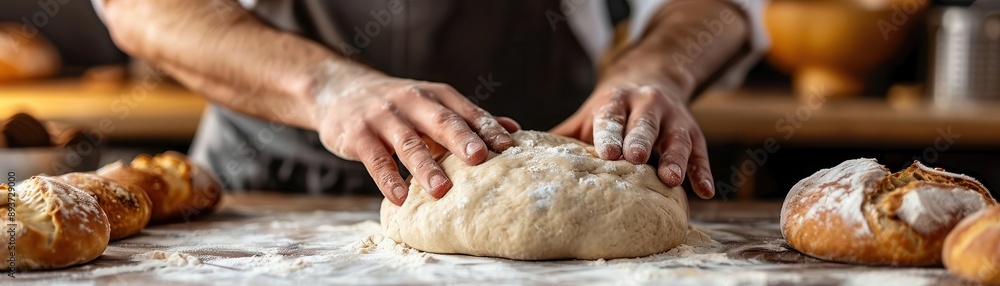 Fototapeta premium Bakers hands patting down dough, closeup, making bread, realistic baking
