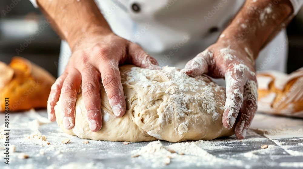 Closeup of bakers hands kneading bread dough on a floured surface, making bread, baking concept Closeup of bakers hands kneading bread dough on a floured surface, making bread, baking concept
