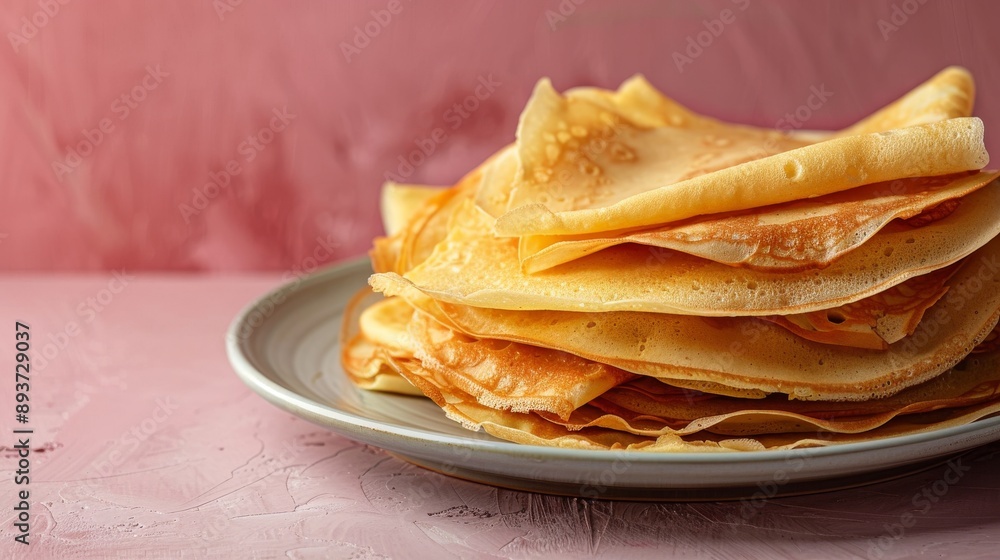 A closeup of a stack of golden brown crepes on a plate A closeup of a stack of golden brown crepes on a plate