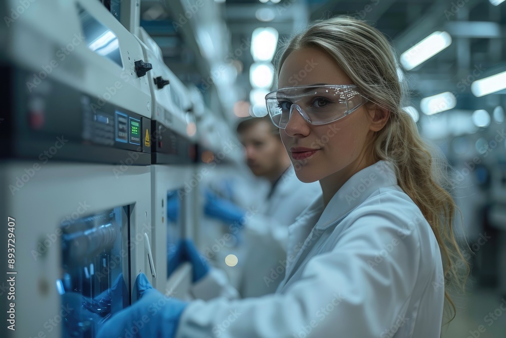 Female scientist in laboratory wearing lab coat and safety glasses, operating complex machinery for scientific research. Female scientist in laboratory wearing lab coat and safety glasses, operating complex machinery for scientific research.