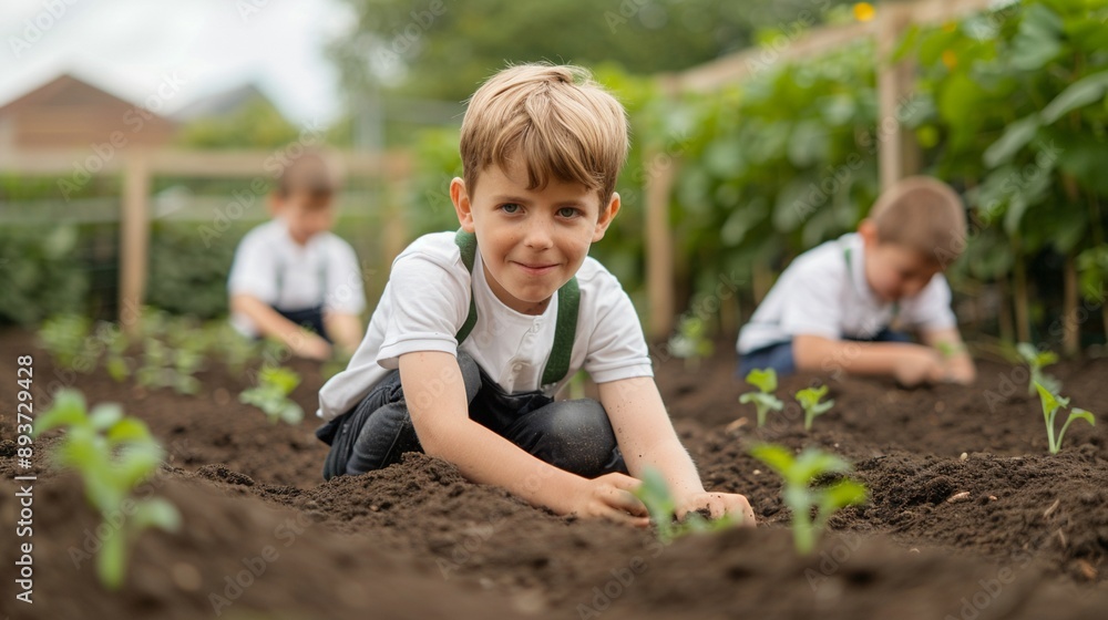 Eager pupils participating in the launch of a community garden project, planting seeds and digging soil Eager pupils participating in the launch of a community garden project, planting seeds and digging soil