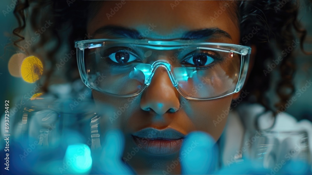 Focused female scientist wearing safety glasses, conducting experiment in advanced laboratory with blue lighting, representing innovation and research. Focused female scientist wearing safety glasses, conducting experiment in advanced laboratory with blue lighting, representing innovation and research.