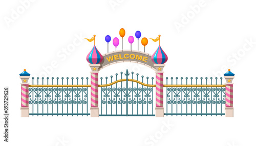 Amusement park gate isolated drawing. Carnival entry cartoon clipart. Gateway with lattice. Attraction summer party
