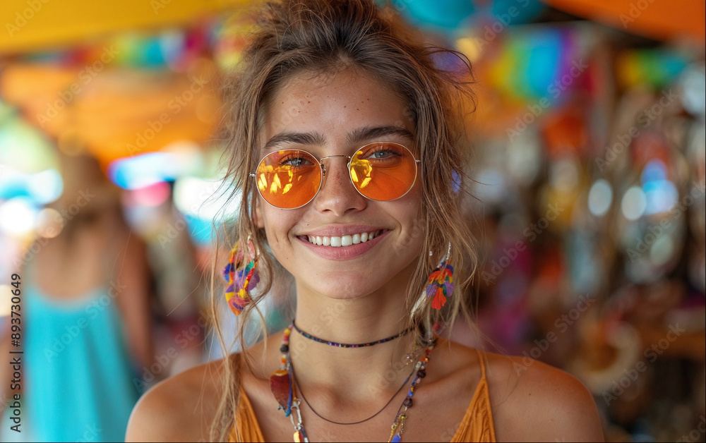 Blond cute women wearing rainbow colors sunglasses in a carnival Blond cute women wearing rainbow colors sunglasses in a carnival