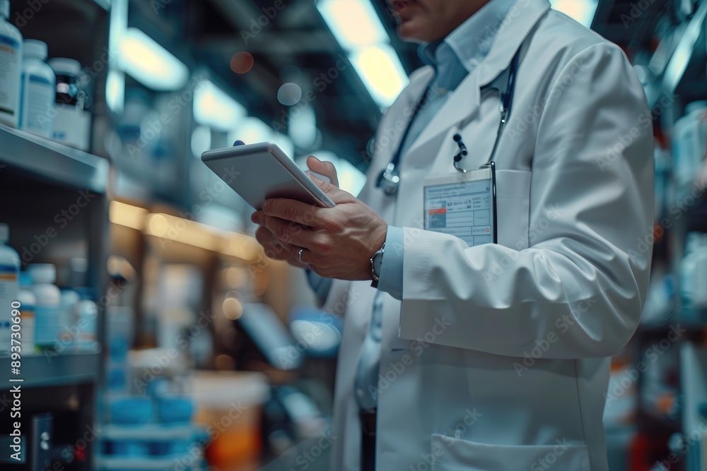 Pharmacist in a white coat checking medical inventory on a tablet in a modern pharmacy with various medicines on the shelves. Pharmacist in a white coat checking medical inventory on a tablet in a modern pharmacy with various medicines on the shelves.