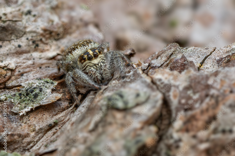 Jumping spider - Macaroeris nidicolens, beautiful small jumping spider living on pine trees of Euroasian open and warm areas, Mikulov, Czech Republic. Jumping spider - Macaroeris nidicolens, beautiful small jumping spider living on pine trees of Euroasian open and warm areas, Mikulov, Czech Republic.