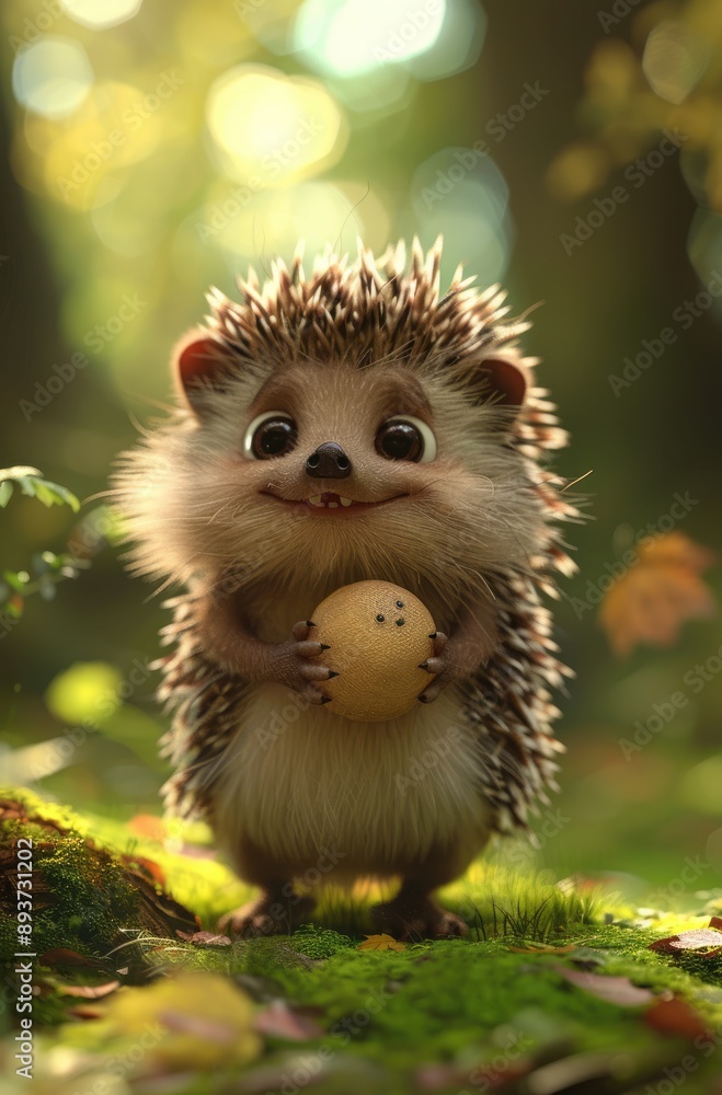 Cute Hedgehog Holding a Yellow Ball in a Forest Cute Hedgehog Holding a Yellow Ball in a Forest