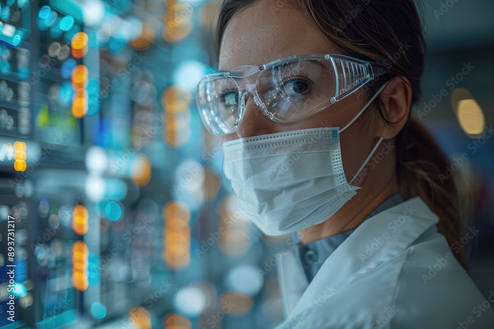 Scientist in protective gear analyzing data on a futuristic screen in a high-tech lab, showcasing medical and technological advancements. Scientist in protective gear analyzing data on a futuristic screen in a high-tech lab, showcasing medical and technological advancements.