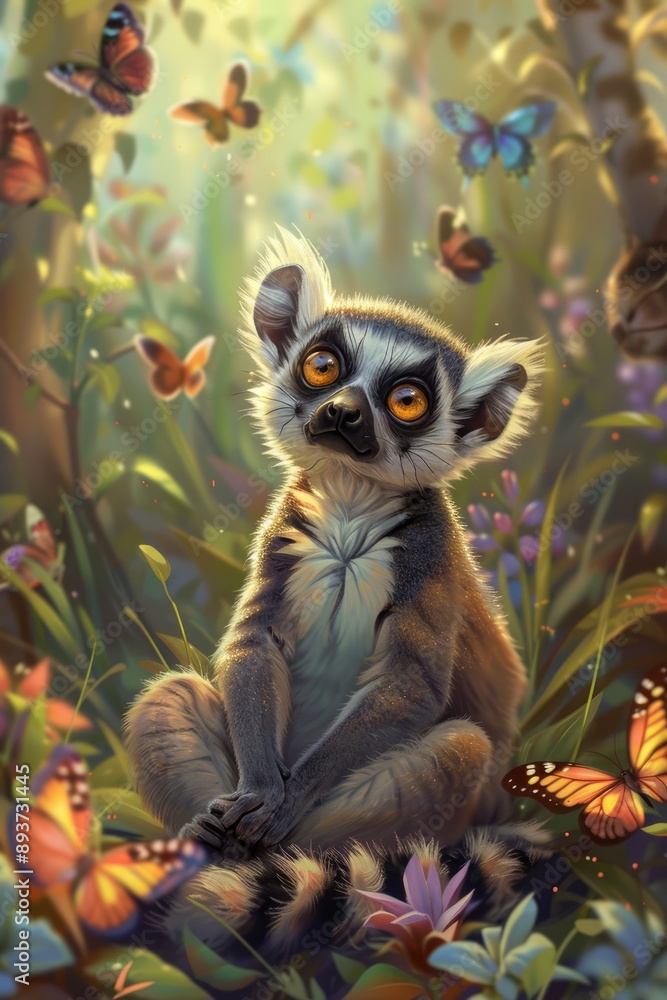 Curious Lemur Amidst a Floral Paradise Curious Lemur Amidst a Floral Paradise