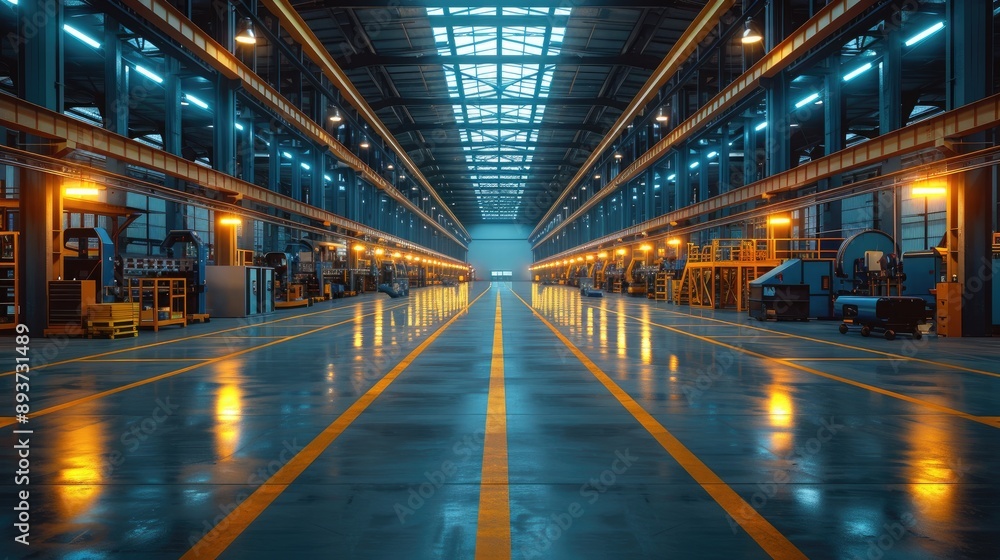 Spacious, modern industrial warehouse with symmetrical lighting and reflective floors. High ceilings and organized workspace create an efficient environment. Spacious, modern industrial warehouse with symmetrical lighting and reflective floors. High ceilings and organized workspace create an efficient environment.