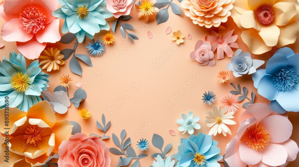 A frame of colorful paper flowers on a peach background A frame of colorful paper flowers on a peach background