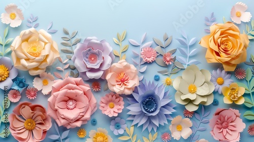 A collection of delicate paper flowers in various shades of pastel on a light blue background