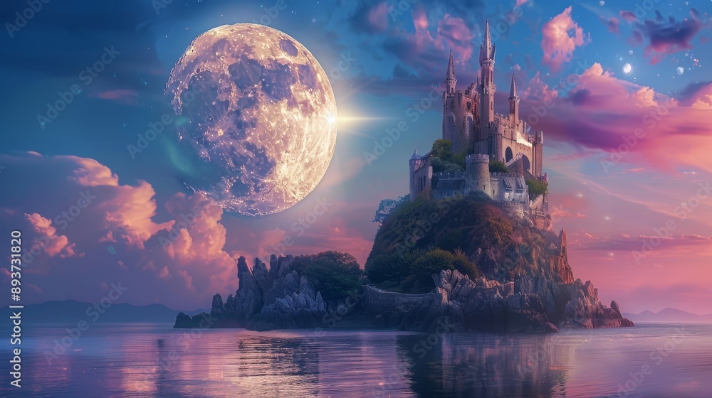 Enchanted Island Castle Under a Glowing Moon, digital art, fantasy ...