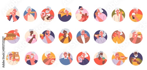 Collection Of Isolated Vector Round Icons Or Avatars With Cartoon Elderly Characters Enjoying A Variety Of Fast Food