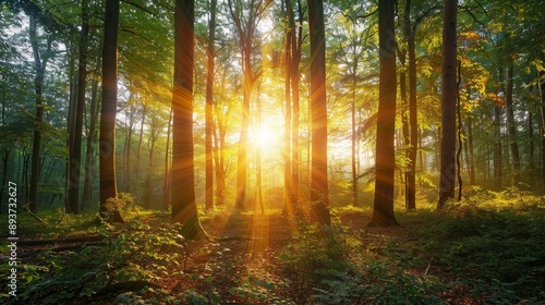 Golden Rays Through a Forest Canopy,Sunlight,Forest,Nature,Trees