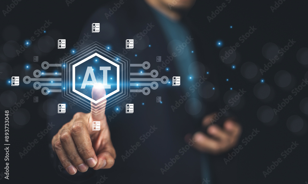 A businessman uses an AI assistant for document management, streamlining processes, increasing productivity, and ensuring accurate organization and retrieval of important files. A businessman uses an AI assistant for document management, streamlining processes, increasing productivity, and ensuring accurate organization and retrieval of important files.