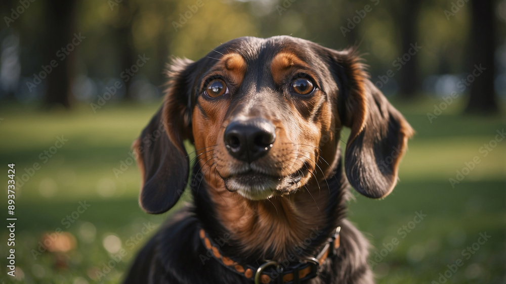 Happy dachshund hound dog in the park. Cute pet portrait outdoors. Happy dachshund hound dog in the park. Cute pet portrait outdoors.