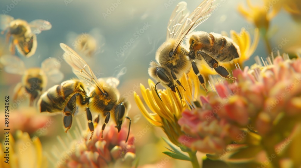Fototapeta premium Bees pollinate beautiful flowers in a vibrant field, contributing to a thriving ecosystem full of life
