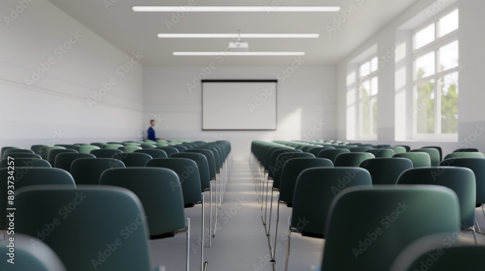 Fototapeta premium Students attending the inaugural lecture in a modern academic building, photorealistic, bright lecture hall, detailed seating and presentation, scholarly and inspiring environment