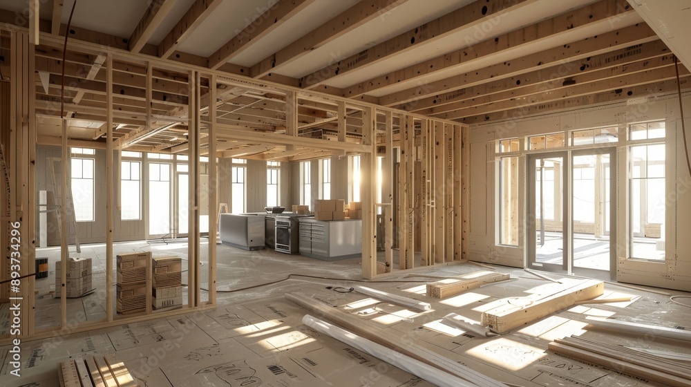 A glimpse into an unfinished homes interior revealing the intricate wooden framework and the promise of future beauty A glimpse into an unfinished homes interior revealing the intricate wooden framework and the promise of future beauty