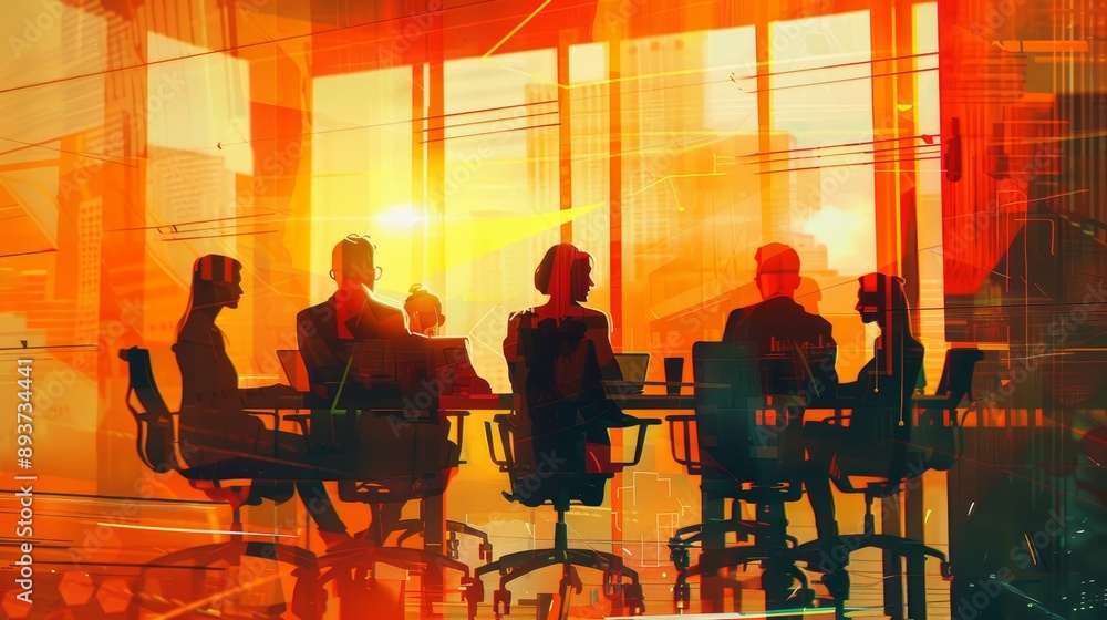 Silhouettes in a Cityscape, Digital Painting, Orange and Yellow, Business Meeting, Corporate, City, Urban, Sunset Silhouettes in a Cityscape, Digital Painting, Orange and Yellow, Business Meeting, Corporate, City, Urban, Sunset
