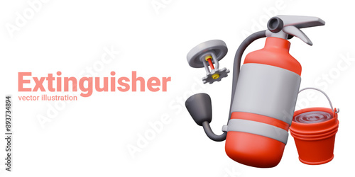 Set of items of various types for extinguishing fires. Fire annihilator, water bucket, sprinkler