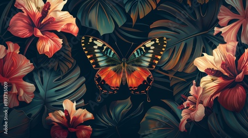 Tropical Butterfly Amongst Hibiscus Blooms, digital art, colorful butterfly, green leaves, floral design, hibiscus, butterfly, tropical, flower, nature, art, digital