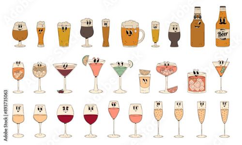 A big set of alcoholic groovy characters. Summer cocktails, wine, champagne, beer with cute faces. Retro vector illustration in 70s, 80s style