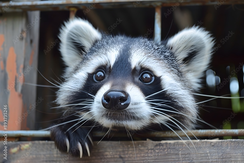 Curious Raccoon Peeking Out from Wooden Shelter in Forest Curious Raccoon Peeking Out from Wooden Shelter in Forest