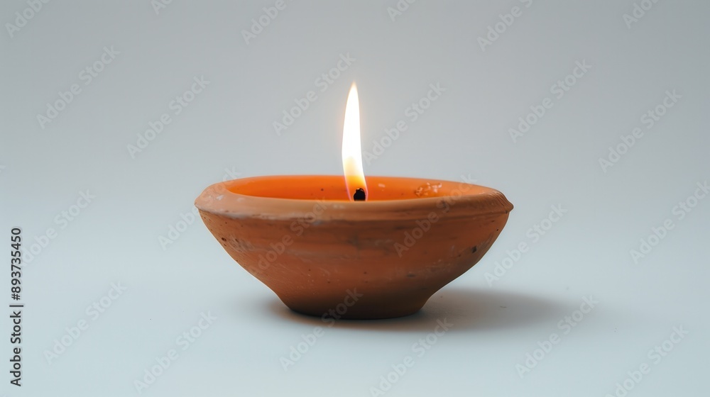 Single clay Diya lamp with an elegant flame set against white background Single clay Diya lamp with an elegant flame set against white background