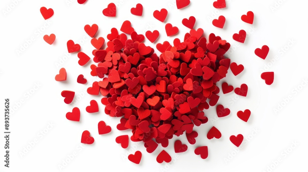 The image shows a pile of red hearts against a white background. The hearts are scattered in a somewhat random pattern.