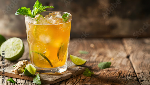 Golden Ginger Ale Beer Cocktail with Lime, Lemon and Mint in glaass on wooden table, copy space photo