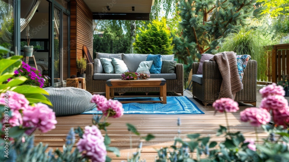 Fototapeta premium A Look Through The Flowers Wicker Patio Furniture With a Blue Rug and Wooden Deck, patio furniture , backyard , relax , design