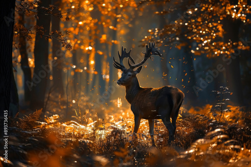 deer moves through a dense, realistic forest in the sun's rays. Realistic details of trees, foliage and forest floor, highlighting the surreal element.