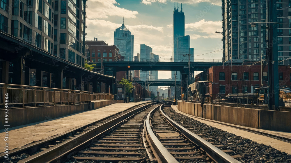 Fototapeta premium Modern urban industrial landscape with curved train tracks and skyscrapers
