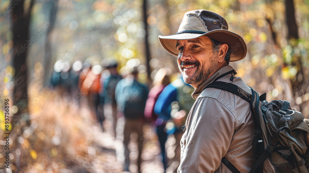 A man wearing a hat and a backpack is smiling for the camera A man wearing a hat and a backpack is smiling for the camera
