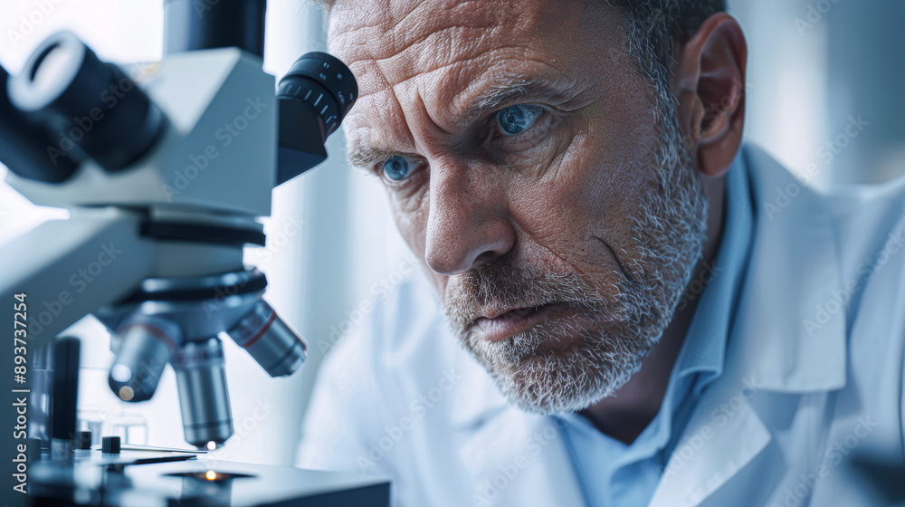 Focused Scientist Examining Samples Through Microscope in Research Laboratory Focused Scientist Examining Samples Through Microscope in Research Laboratory