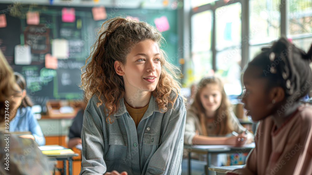 Engaging Teacher Leading Diverse Students in a Bright Modern Classroom Engaging Teacher Leading Diverse Students in a Bright Modern Classroom