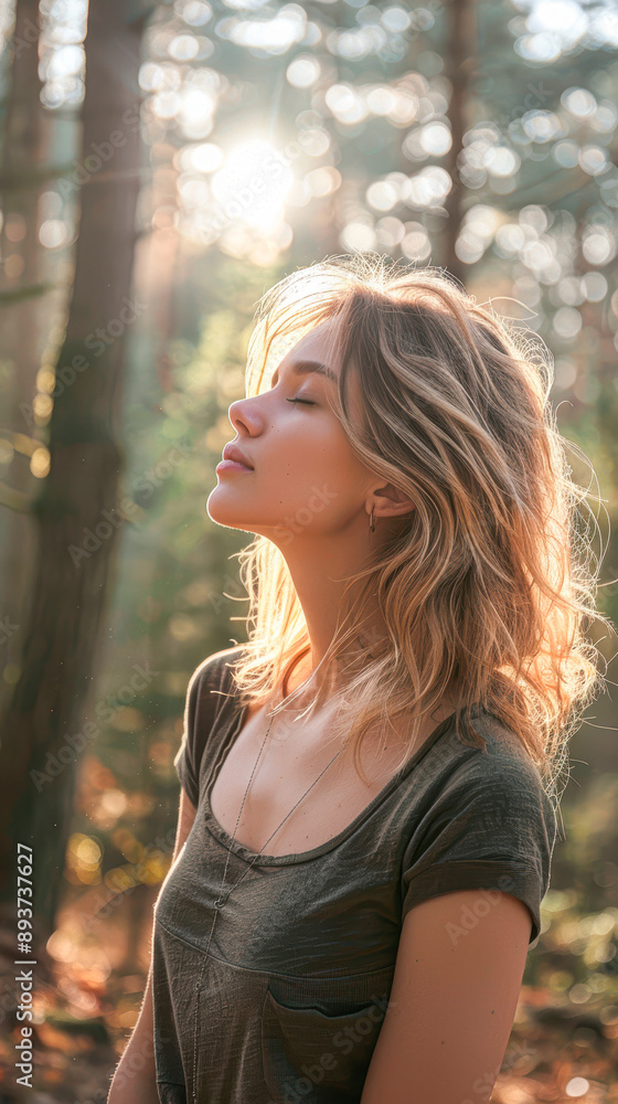 A woman is sitting in the woods, looking up at the sun A woman is sitting in the woods, looking up at the sun