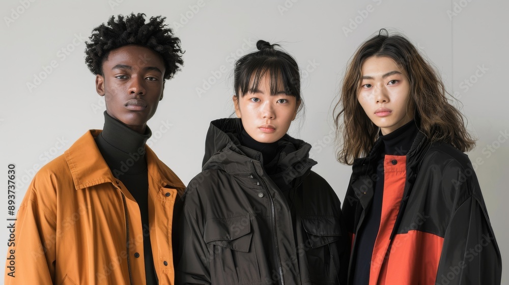 Fototapeta premium Global Streetwear: A trio of diverse models showcase contemporary urban fashion, their bold looks reflecting individuality and style. 