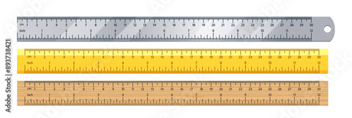 Three Vector Measuring Rulers Made From Metal, Plastic, Wood. Each Ruler Features Both Centimeter And Inch Measurements