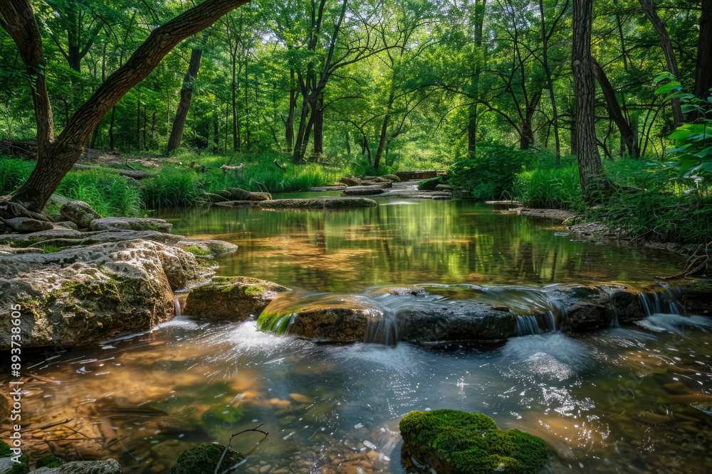 Charming forest landscape with a calm forest stream. Reflections of trees and sky flickering on the surface of the water. Green surroundings with moss-covered rocks and wildflowers. Charming forest landscape with a calm forest stream. Reflections of trees and sky flickering on the surface of the water. Green surroundings with moss-covered rocks and wildflowers.