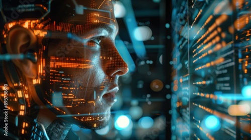 Cyberpunk Man Looking at Data