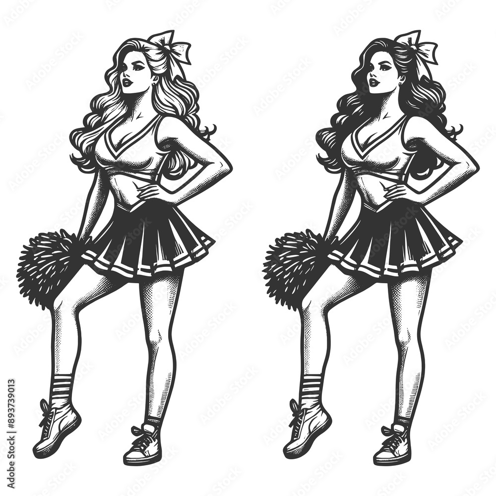 cheerleader in classic pin-up pose with pom-poms and a playful expression sketch engraving generative ai fictional character raster illustration. Scratch board imitation. Black and white image cheerleader in classic pin-up pose with pom-poms and a playful expression sketch engraving generative ai fictional character raster illustration. Scratch board imitation. Black and white image