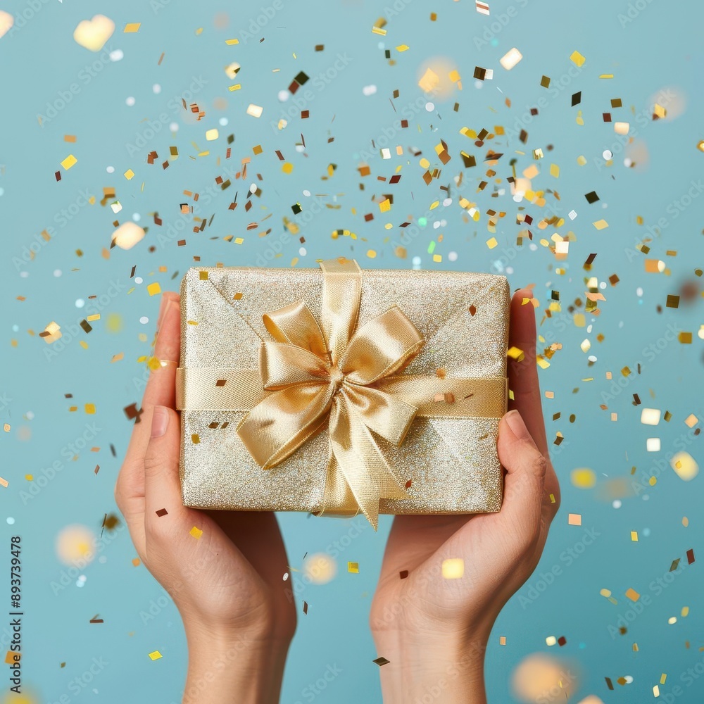elegant hands presenting a luxurious gift box with shimmering golden ribbon against a dreamy blue backdrop showered with sparkling confetti in a festive celebration elegant hands presenting a luxurious gift box with shimmering golden ribbon against a dreamy blue backdrop showered with sparkling confetti in a festive celebration